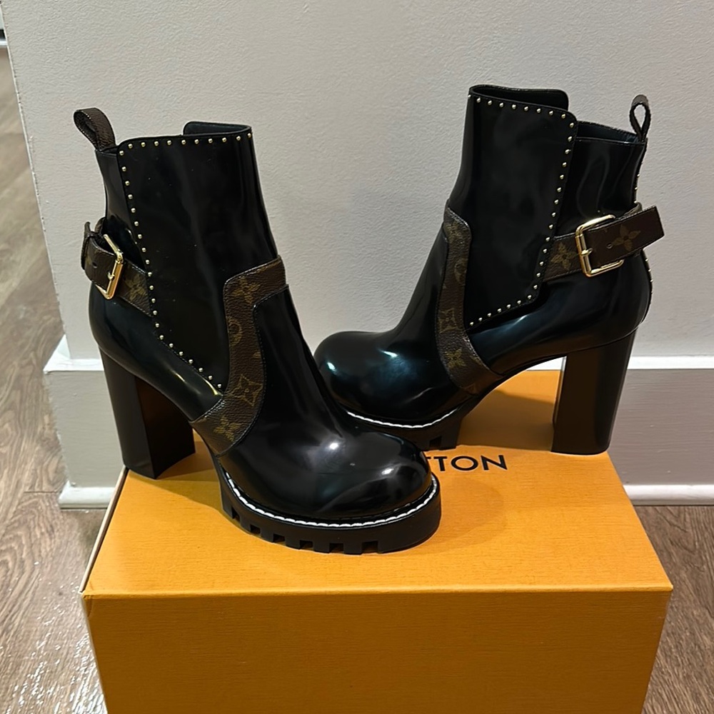 Louis Vuitton Black Heeled Boots with Chunky Heel and Decorative Cutouts